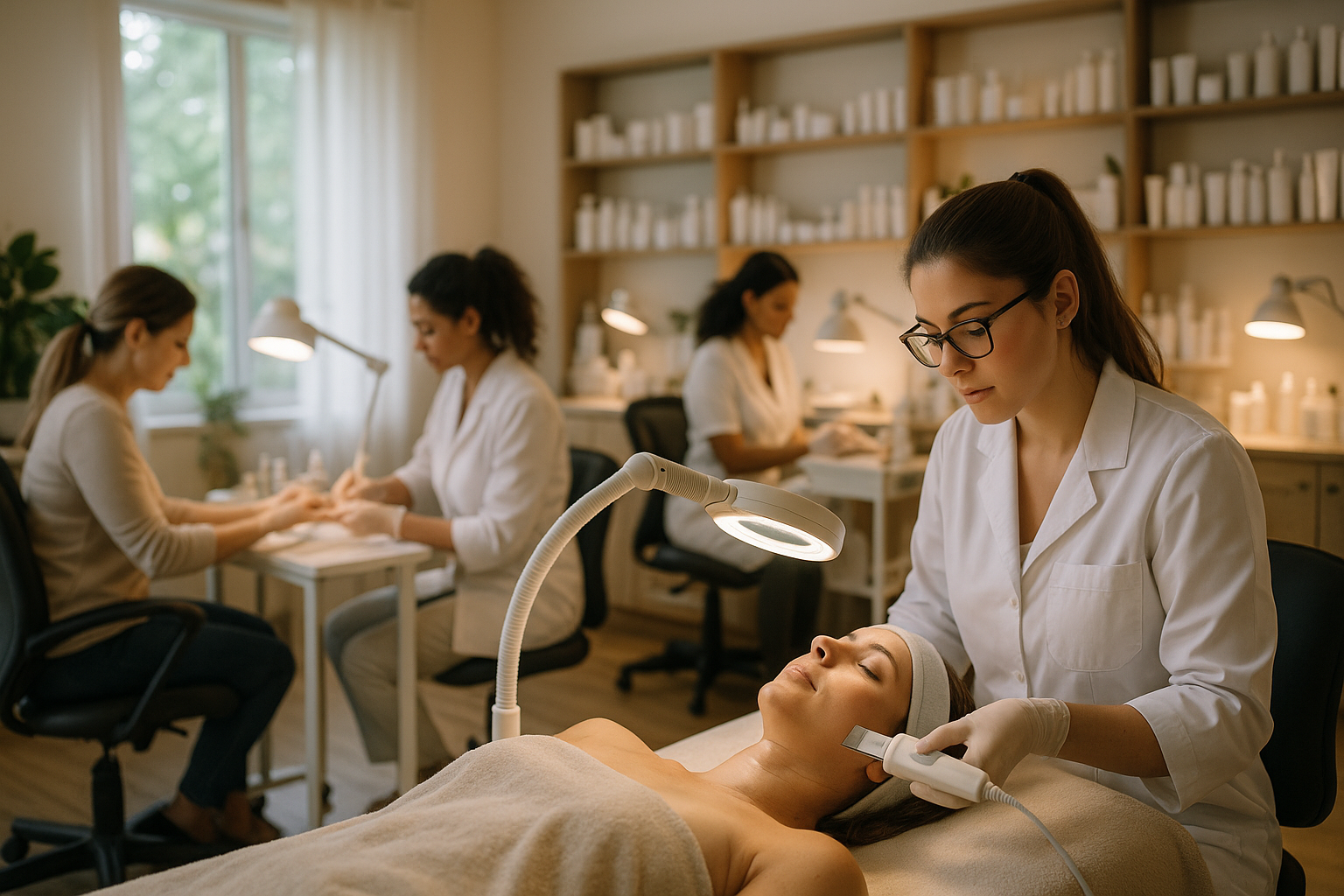 Foto de uma sala de estética com equipamentos essenciais para quem está começando na área, como uma maca, aparelhos de limpeza de pele, etc.