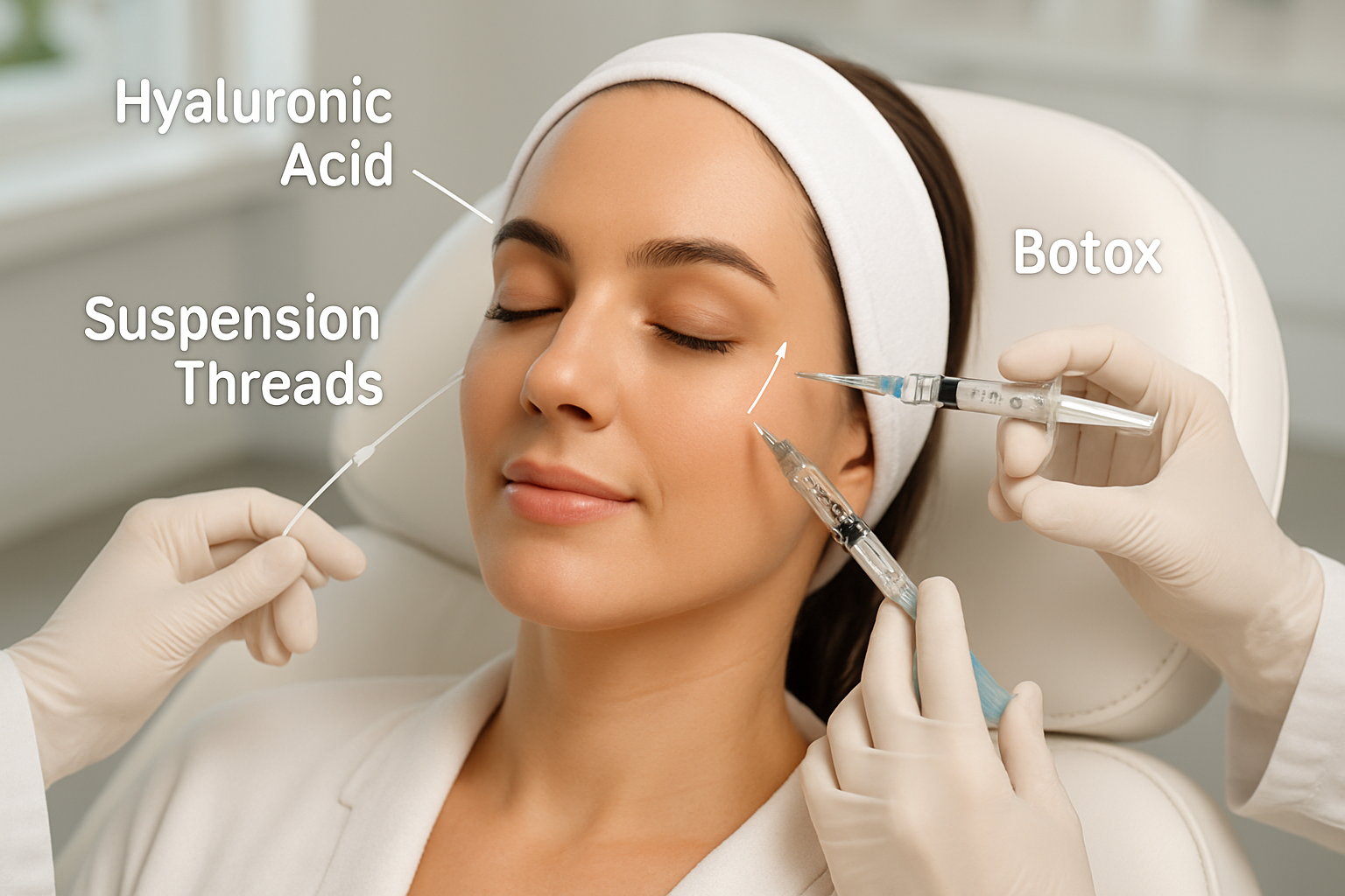 Foto de uma mulher realizando um procedimento de harmonização facial em uma clínica estética.